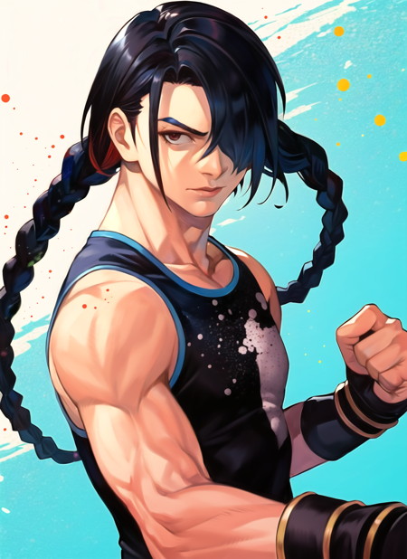 3978524988-3310753069-hungry clicker,  1boy, bare shoulders, black hair, braid, clenched hand, fighting stance, hair over one eye, male focus, muscula.png